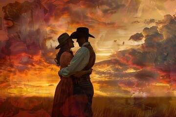 Western couple embracing at sunset on ranch farmland, romance novel cover, digital painting - obrazy, fototapety, plakaty