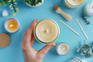 DIY Candle Making: Hand Attaching Candle Wick in Jar. Top View Flatlay of Equipment, Flake, and Eco-Friendly Craft Supplies on Blue Desk