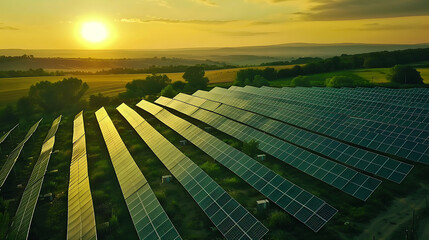 Solar power station panels in the fields, ecology. - obrazy, fototapety, plakaty