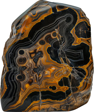 Banded agate onyx stone with intricate patterns and bands cut out on transparent background