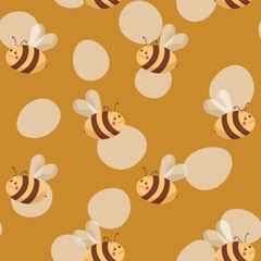 Seamless pattern with bees on color background. Small wasp. Vector illustration. Adorable cartoon character. Template design for invitation, cards, textile, fabric. Doodle style