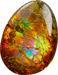 Polished opal with colorful fire pattern cut out on transparent background
