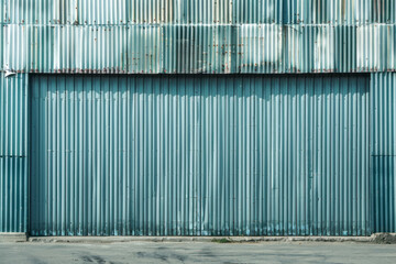 Corrugated metal walls of industrial building. Pitched roof.