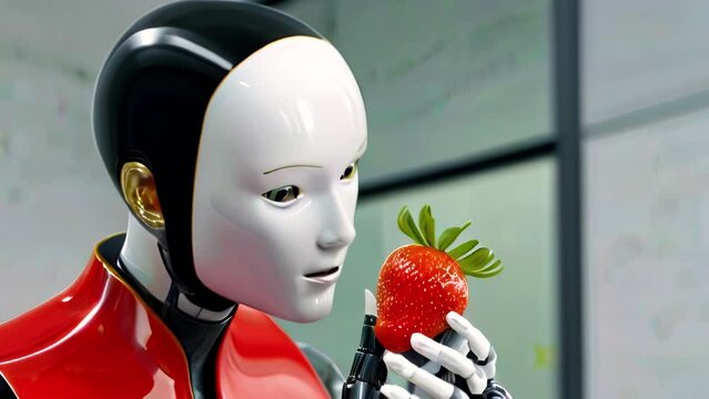Humanoid robot holds one ripe strawberry in its hands. Symbolizing the blend of technology and organic life.