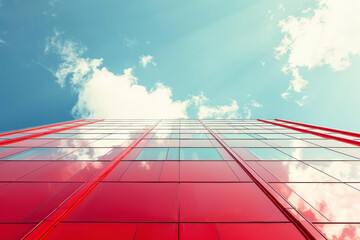Wide angle abstract background view of steel red high rise commercial building skyscraper made of glass exterior.