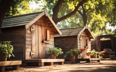 Fototapeta na wymiar A row of charming wooden cabins sitting harmoniously next to each other