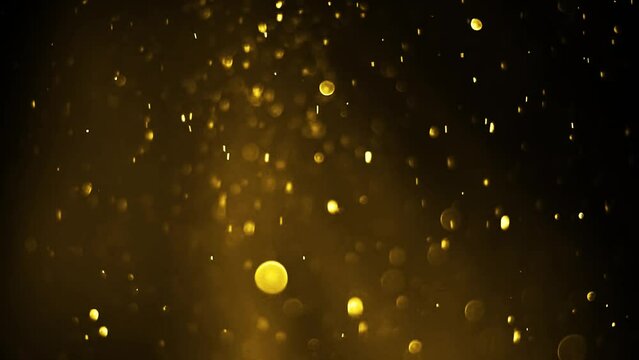 Gold Particles Moving Background. fast energy flying wave line with flash lights. Particle from below. Particle gold dust flickering on black background. Abstract Footage background for text.