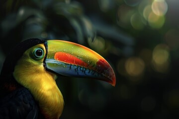 Fototapeta premium A close-up view of a toucan bird showing its vibrant colored beak and detailed feathers