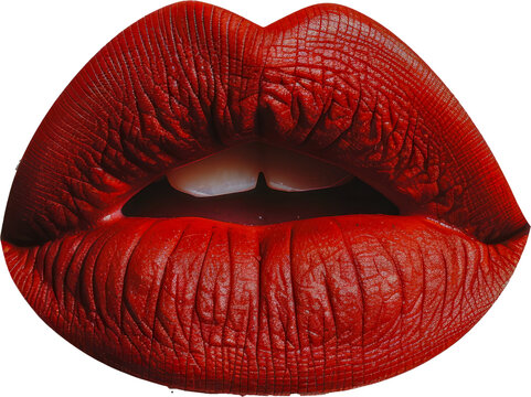 Sensual red lips close-up with matte lipstick cut out on transparent background