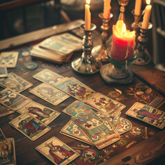 Naklejka na ściany i meble image of a tarot reader's table, deck of tarot cards, prediction of the future, layout, exciting question. AI generated
