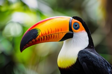Naklejka premium A detailed view of a colorful toucan bird perched on a tree branch