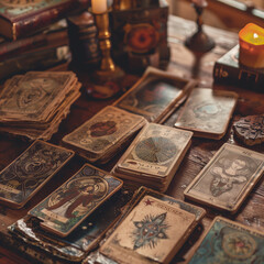 image of a tarot reader's table, deck of tarot cards, prediction of the future, layout, exciting question. AI generated