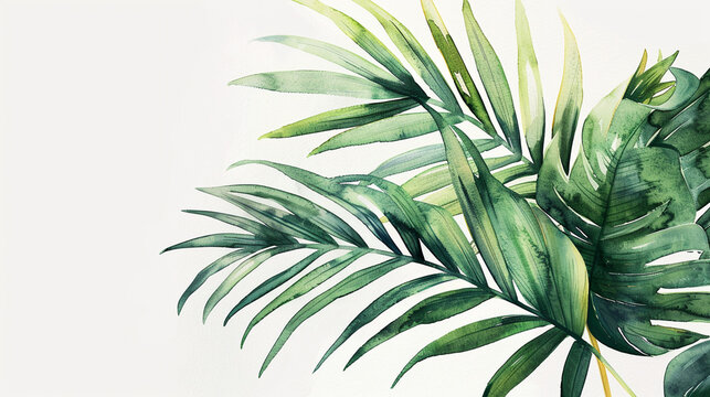 watercolor green palm leaves on a light background, detailed, hyper realistic painting in the style of oil, atmospheric, light colors