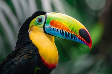 Naklejka premium A vibrant toucan bird showcasing its colorful plumage and distinctive black, yellow, and red beak