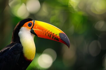 Naklejka premium A close-up view of a toucan bird showcasing its vibrant and colorful beak, feathers, and eyes