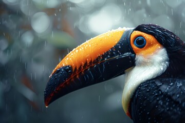 Naklejka premium A detailed view of a toucan perched on a branch during a rainy day, with raindrops falling around it