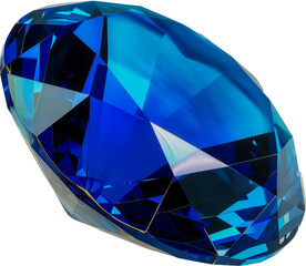 Closeup of a sparkling sapphire blue gemstone cut out on transparent background
