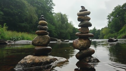 A collection of rocks precariously balanced atop a flowing river, creating a unique and temporary structure - obrazy, fototapety, plakaty
