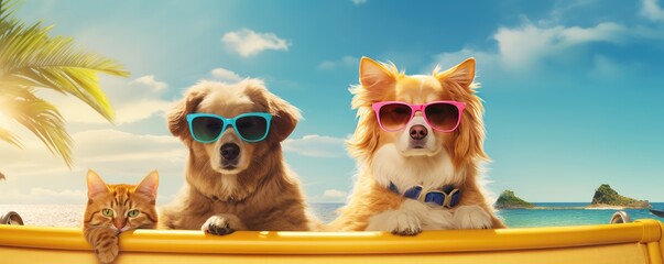Two dogs with sunglasses and a cat in a car trunk enjoying a sunny beach vacation, blue sky