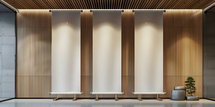 Mockup of Three Vertical Rollup Banners at a Trade Show Booth. Concept Trade Show Display, Vertical Banners, Rollup Banners, Mockup Design, Booth Layout