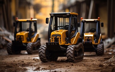 Two small yellow tractors are parked together on a dirt field, poised as if engaged in a...