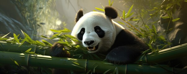 A panda bear is laying on a tree branch in a lush green forest