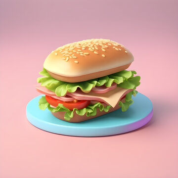 Cute 3D sandwich icon in a cartoon clay style and soft pastel colors