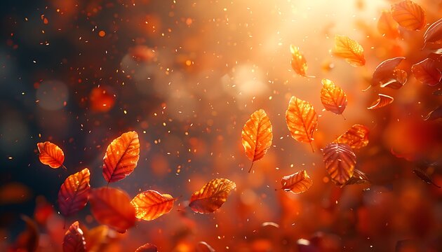 Autum background with autumn leaves falling down cinematic lighting