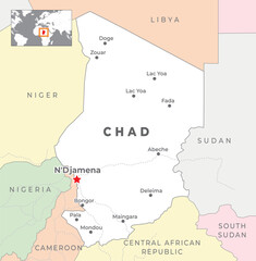 Obraz premium Chad Political Map with capital NDjamena, most important cities with national borders