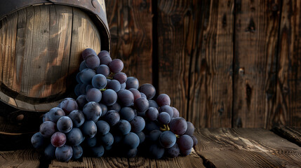 Grape Harvest. A rustic scene featuring a cluster of ripe grapes beside an aged wooden barrel. Making and storing wine - obrazy, fototapety, plakaty