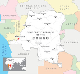 Congo Democratic Republic Political Map with capital Kinshasa, most important cities with national borders