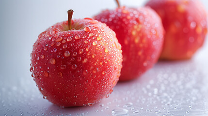 Fresh red apples with water drops background eat healthy