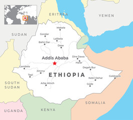 Ethiopia Political Map with capital Addis Ababa, most important cities with national borders