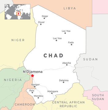 Chad Political Map with capital NDjamena, most important cities with national borders