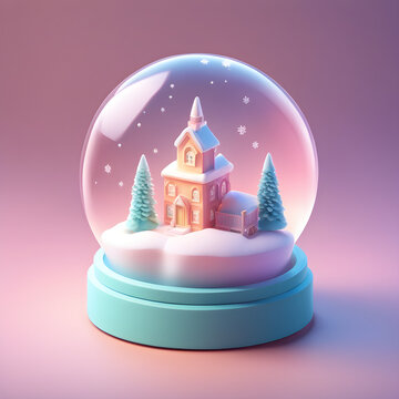 Cute 3D snow globe icon in a cartoon clay style and soft pastel colors