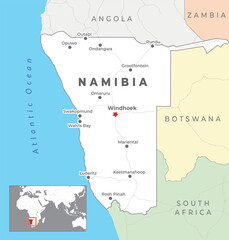 Namibia Political Map with capital Windhoek, most important cities with national borders