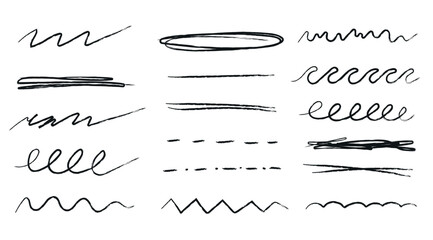 Hand drawn pencil lines and squiggles set. Vector charcoal smears, striketrhoughs and swirls. Doodle style sketchy lines. Horizontal wavy strokes collection. Scratchy strokes with rough edges. - obrazy, fototapety, plakaty