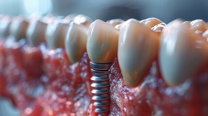 A close up of a person's teeth with a silver screw in the middle