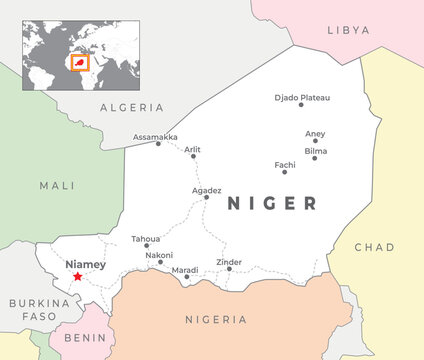 Niger Political Map with capital Niamey, most important cities with national borders