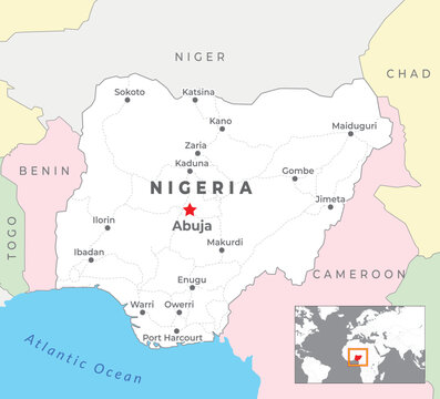 Nigeria Political Map with capital Abuja, most important cities with national borders