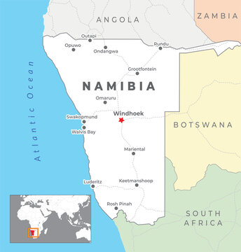 Namibia Political Map with capital Windhoek, most important cities with national borders