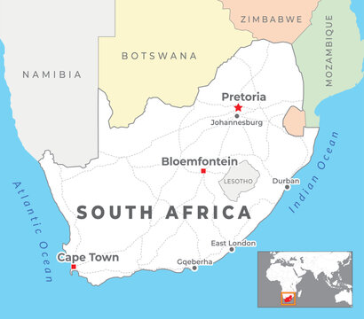 South Africa Political Map with capital Pretoria, Bloemfontein and Cape Town, most important cities with national borders
