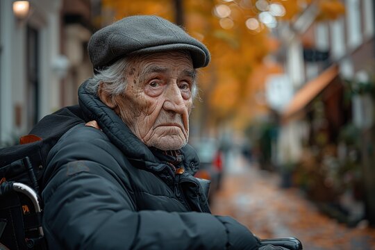 An old man wearing a black coat and a gray hat is sitting on a wheelchair