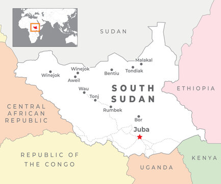 South Sudan Political Map with capital Juba, most important cities with national borders