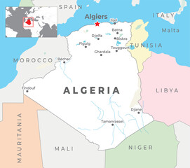 Algeria Political Map with capital Algiers, most important cities with national borders - obrazy, fototapety, plakaty