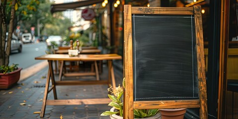 A blank blackboard sign awaits outside a restaurant to showcase the daily specials. Concept Restaurant Signage, Daily Specials, Chalkboard Art, Outdoor Marketing