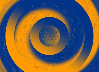 Koła, okręgi w żółto - niebieskiej gradientowej kolorystyce z dynamicznym wirem cienkich, kolorowych kresek oraz kulą w centrum kompozycji. Abstrakcyjne tło graficzne