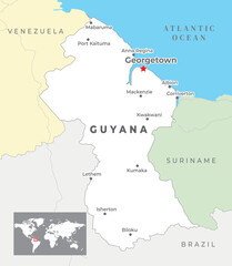 Guyana Political Map with capital Georgetown, most important cities with national borders
