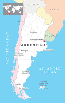 Argentina Political Map with capital Buenos Aires, most important cities with national borders