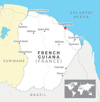 French Guiana Political Map with capital Cayenne, most important cities with national borders